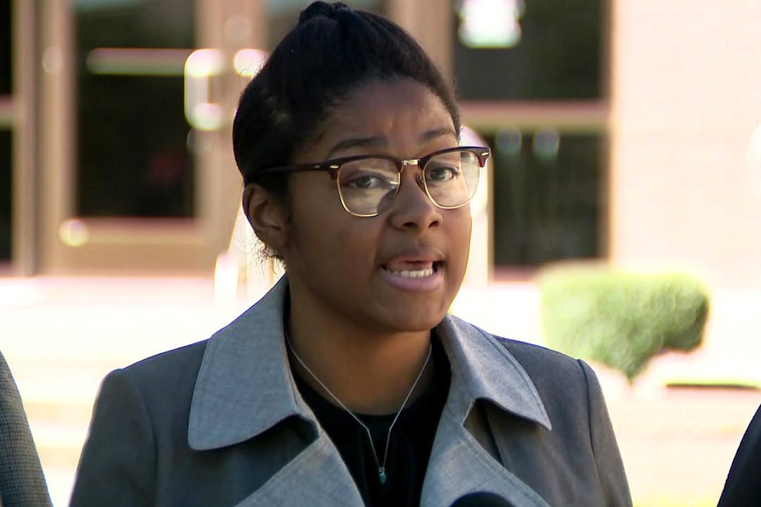 A student at Klein Oak High School outside Houston who chose to withhold her name spoke to reporters last Wednesday about her protests of the Pledge of Allegiance and the school’s response. Credit KPRC-TV