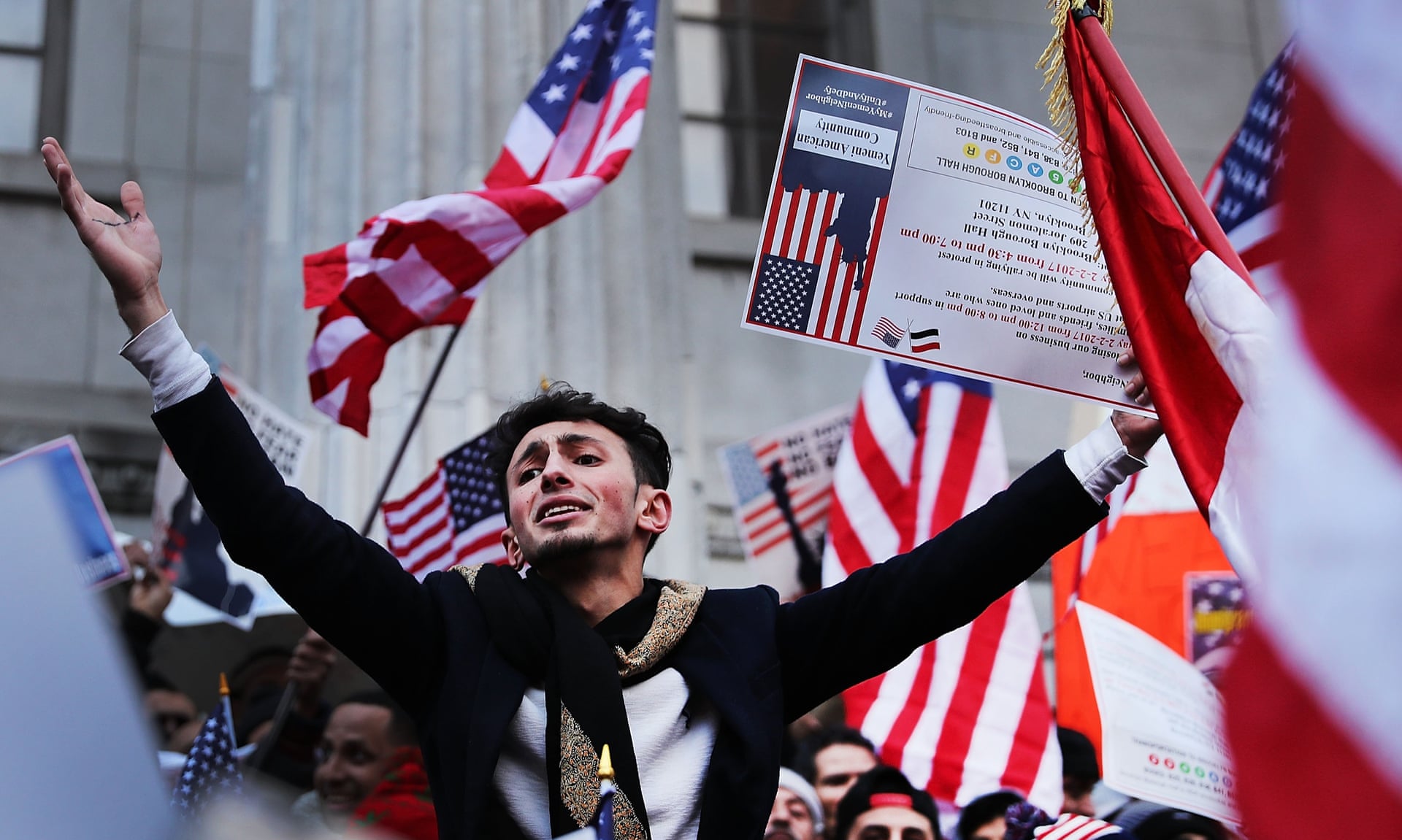 Yemenis and supporters protest against Donald Trump’s executive order temporarily banning immigrants and refugees from seven Muslim-majority countries, including Yemen on 2 February 2017 in Brooklyn. Photograph: Spencer Platt/Getty Images