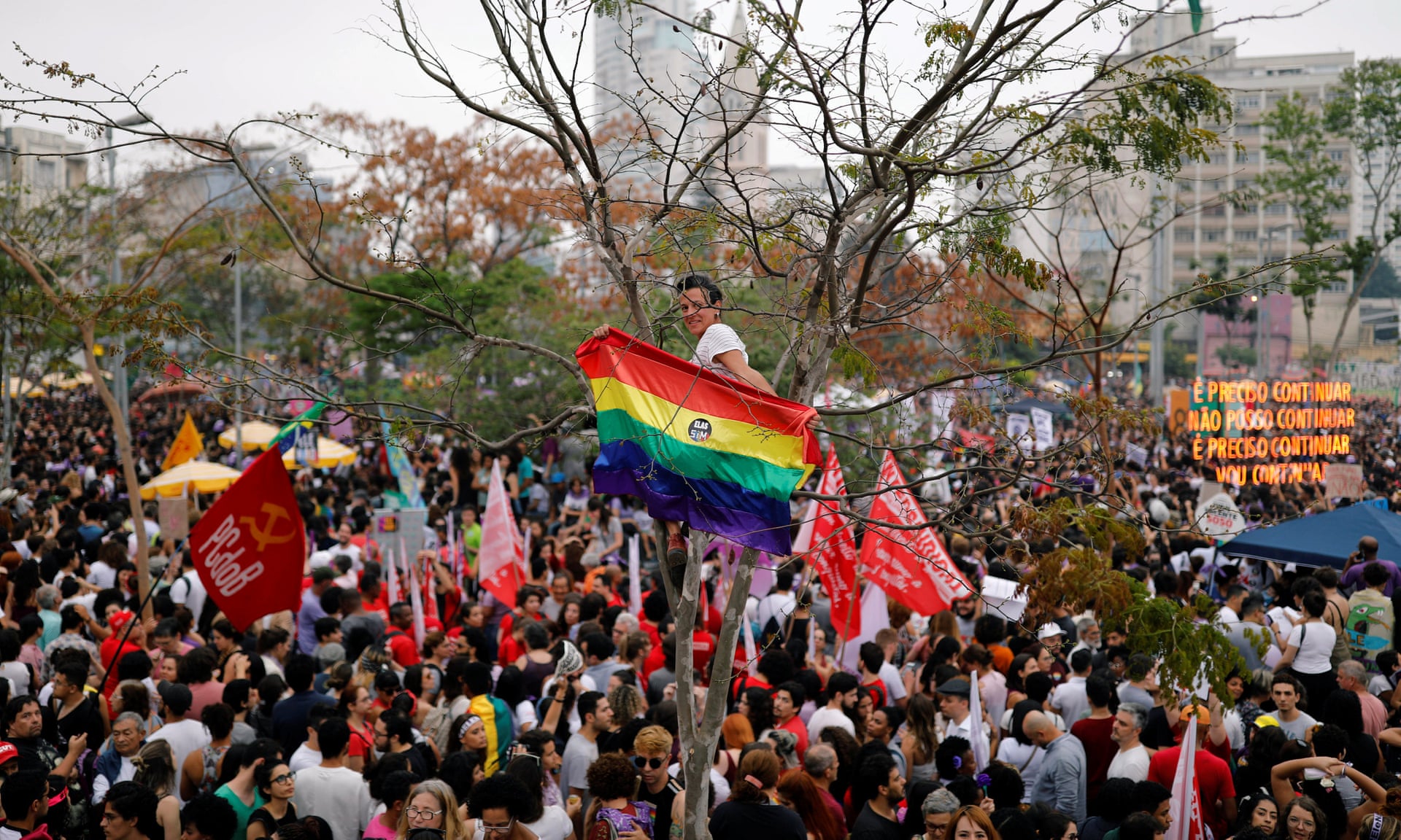 People gather during a demonstration against Brazil’s presidential candidate Jair Bolsonaro. Photograph: Nacho Doce/Reuters