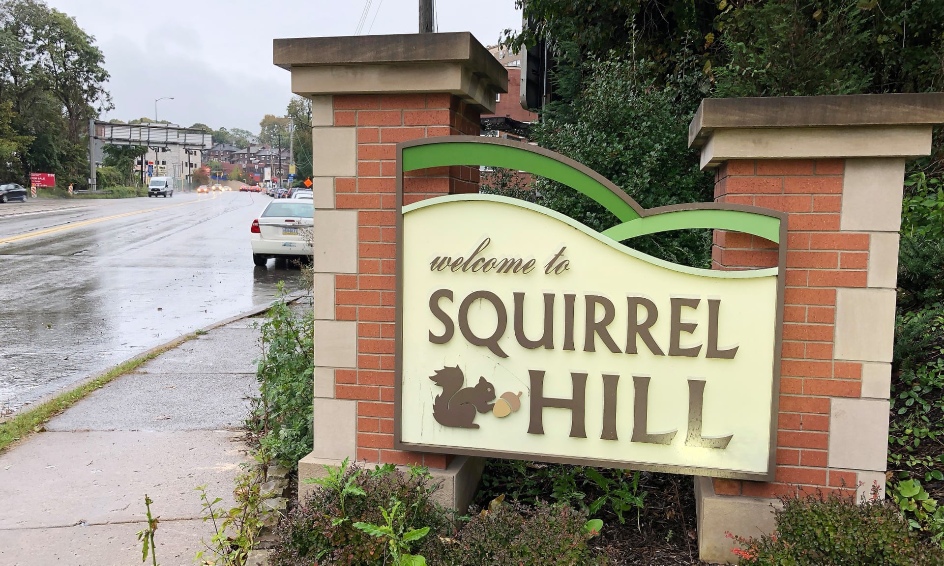 A sign at the entrance to the Squirrel Hill neighborhood near the Tree of Life synagogue. Photograph: Vincent Pugliese/EPA