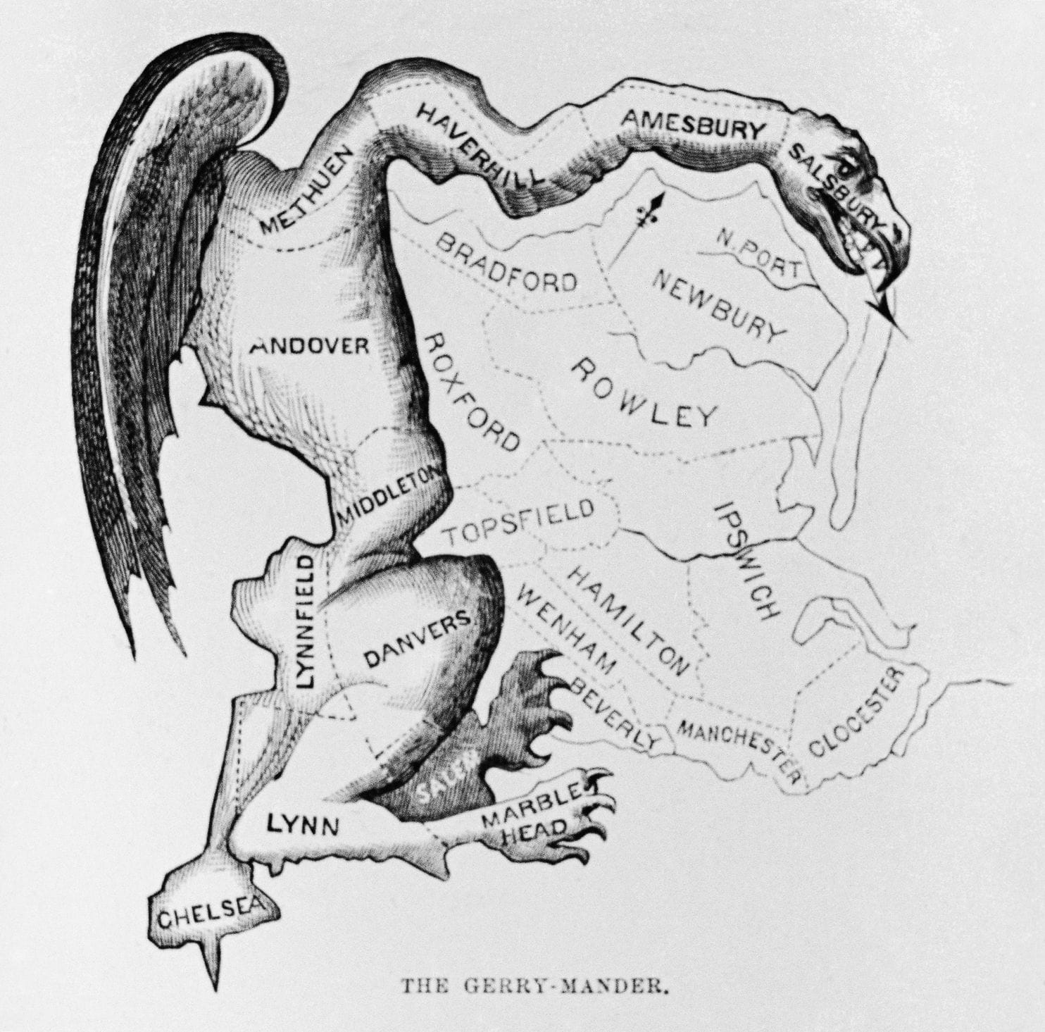 The term “gerrymander” stems from this Gilbert Stuart cartoon of a twisted Massachusetts electoral district. Stuart thought the shape resembled a salamander, but his friend called it a “Gerry-mander” after Massachusetts Gov. Elbridge Gerry, who approved r