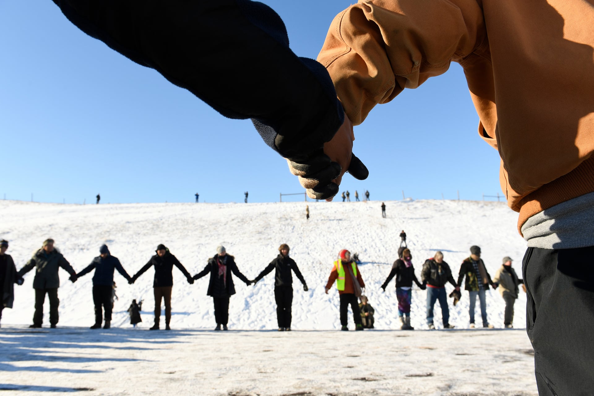 Native Americans and activists gathered outside Cannon Ball, North Dakota, to try to halt the construction of the Dakota Access Pipeline in 2016. Photograph: Helen H. Richardson/Denver Post via Getty Images