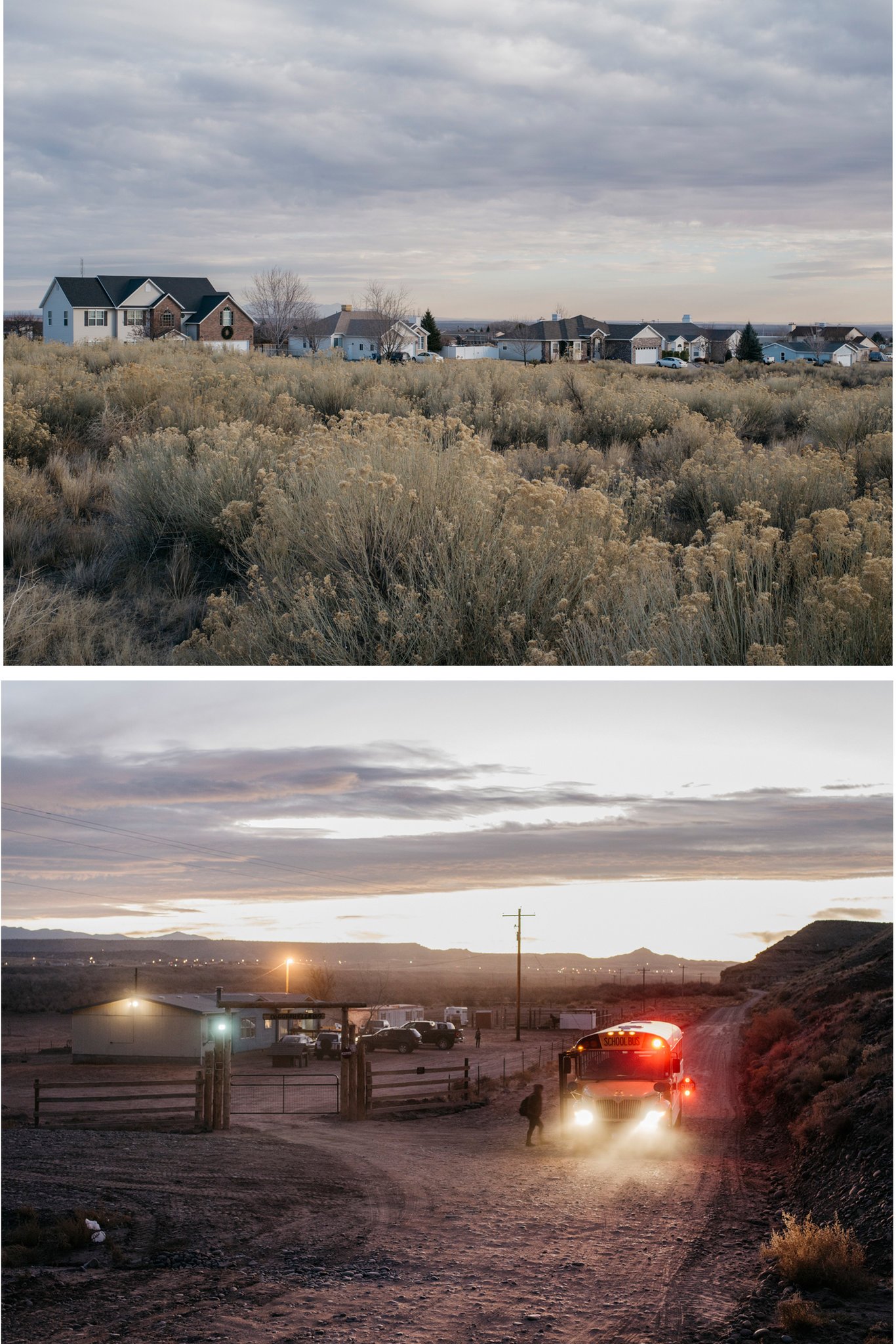 Top, homes in the northern part of the county; below, Ms. Coggeshell’s granddaughter, Kolela, catches the school bus in the south. The 10-mile trip takes over an hour, in part because of the poor road conditions. Credit Benjamin Rasmussen