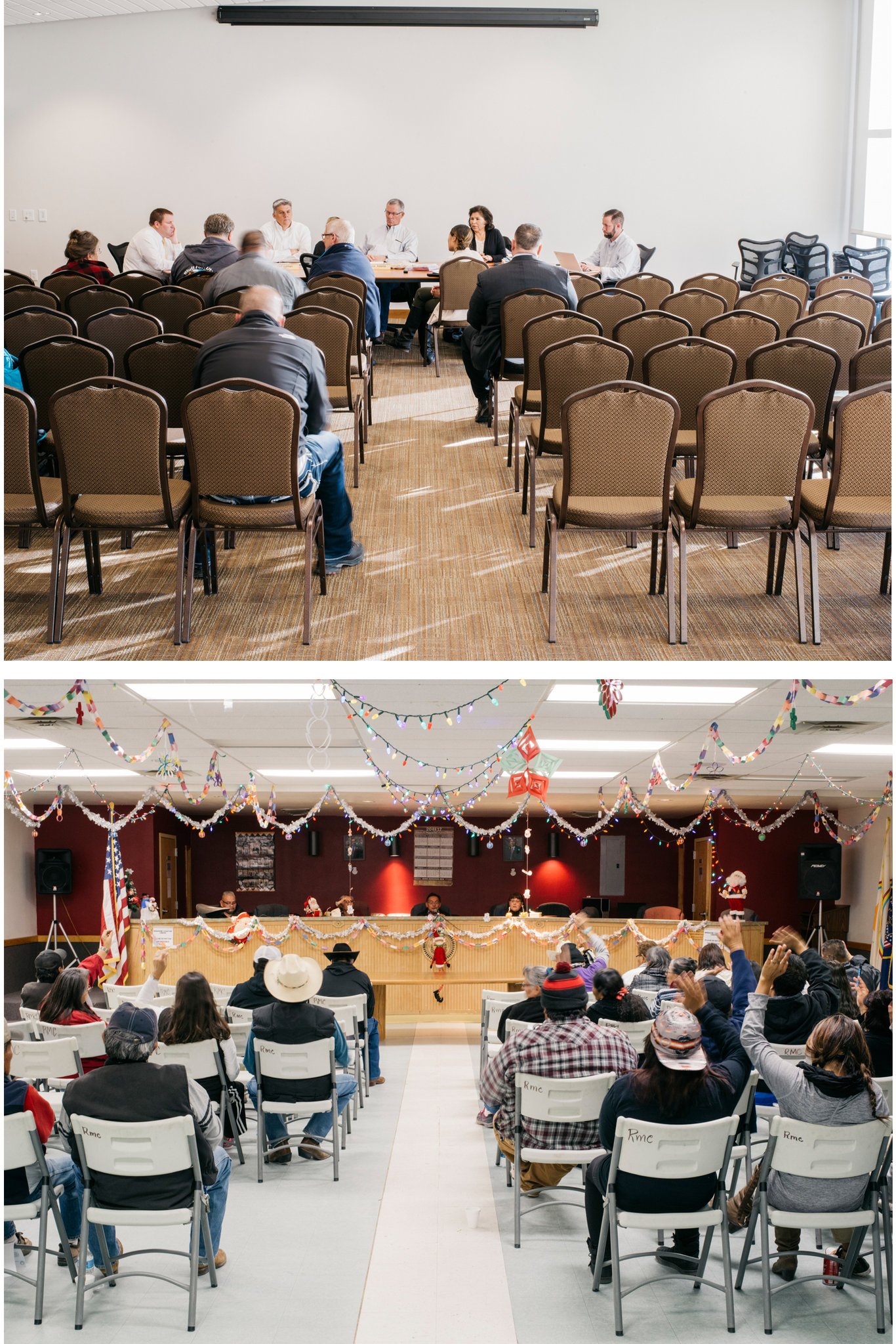 Top, San Juan County commissioners at a meeting in the north; below, a Navajo meeting in the south. Credit Benjamin Rasmussen for The New York Times