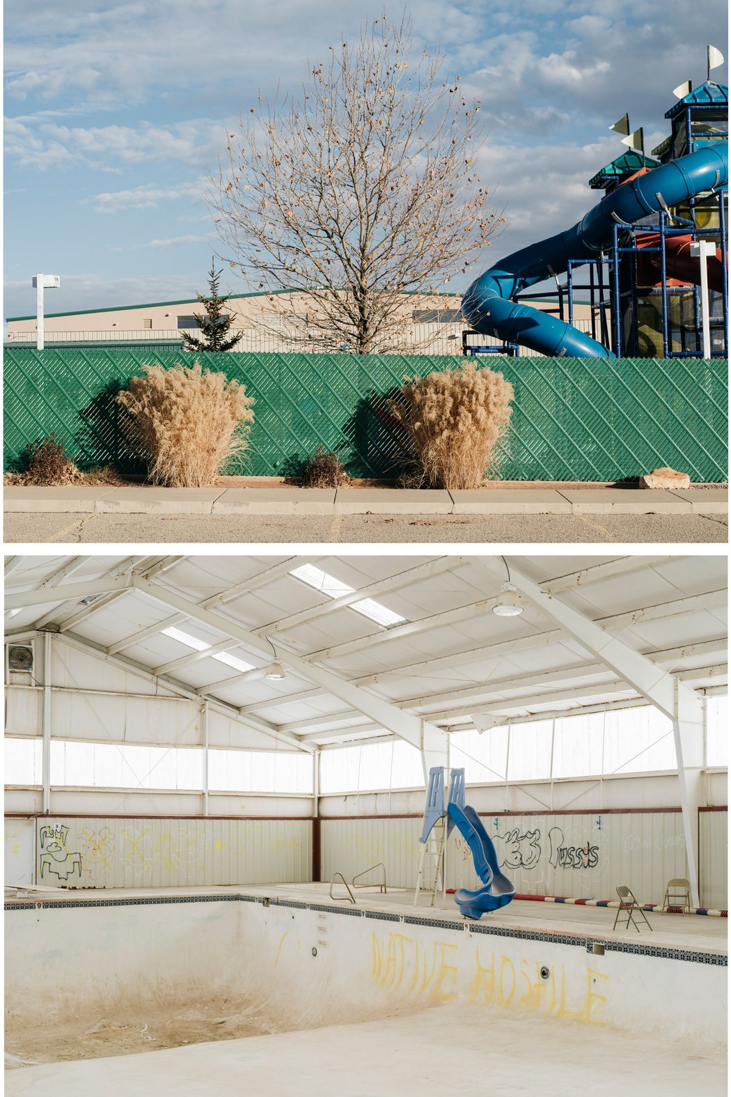 Top, the San Juan County Wellness Center in the northern part of the county; below, the closed swimming pool in the south. Credit Benjamin Rasmussen for The New York Times