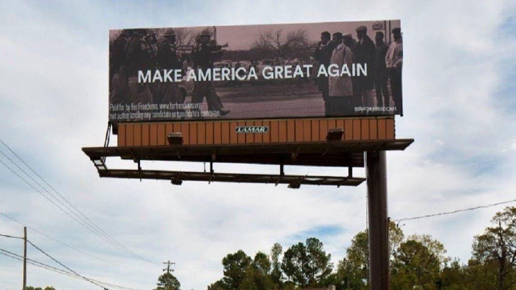 For Freedoms, 50 State Initiative, billboard art, political art, 2018 elections, Donald Trump