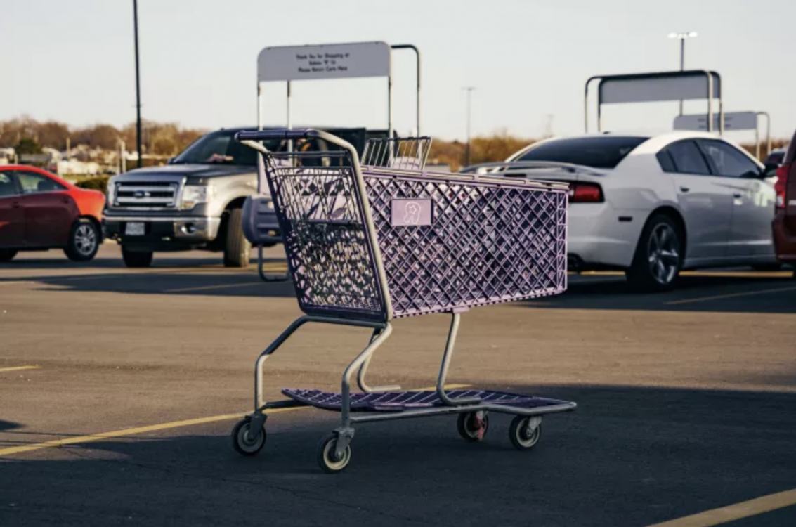 A shopping cart outside Babies 'R' Us in Gladstone, Missouri.