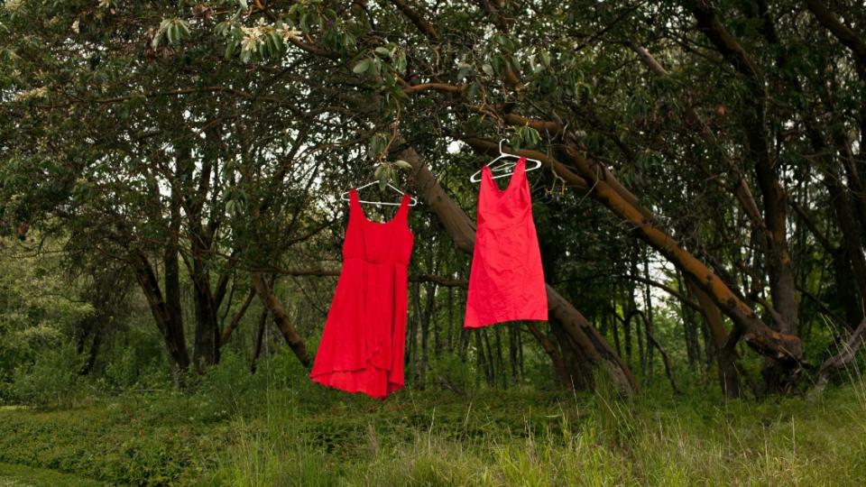 Two red dresses hang in a tree at Swan Creek Park on May 11, 2018, in Tacoma, Wash. The red dresses symbolize missing and murdered Indigenous women. Photo: Jovelle Tamayo for The Intercept