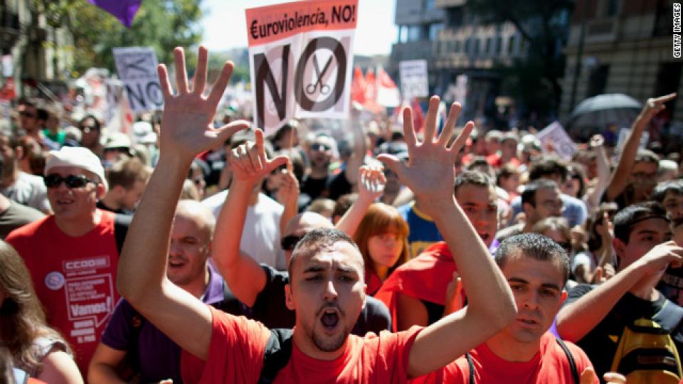 Spanish workers demonstrate against the government's austerity measures on September 15, 2012 in Madrid, Spain