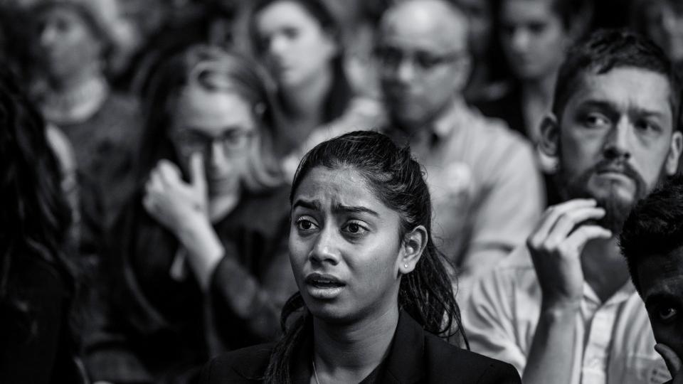 People watched Dr. Christine Blasey Ford's opening testimony on television screens in an overflow room in the Dirksen Senate Building during Brett Kavanaugh's confirmation hearings last month. Credit: Damon Winter/The New York Times