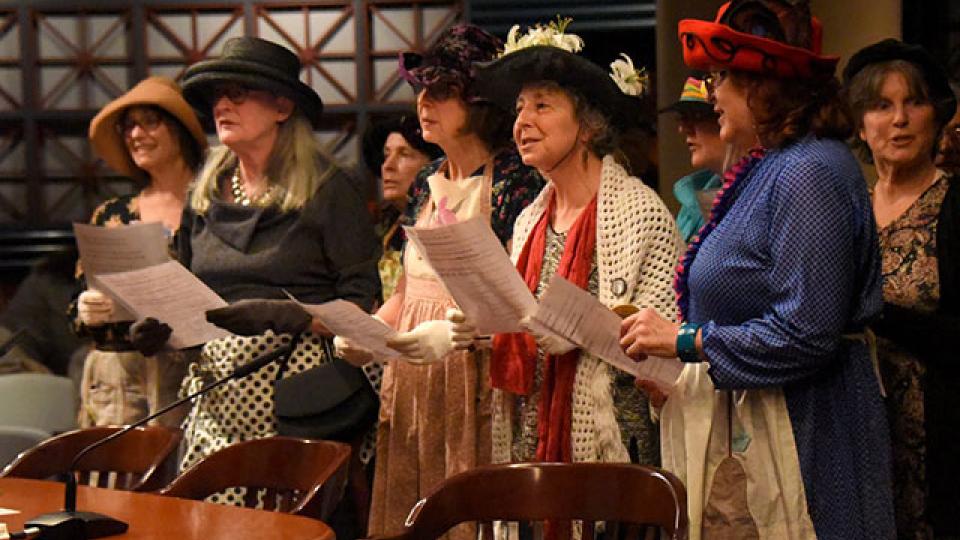 Members of the Raging Grannies, an activist group, testify in harmony at a Portland City Council meeting last week. (Photo: Doug Yarrow)