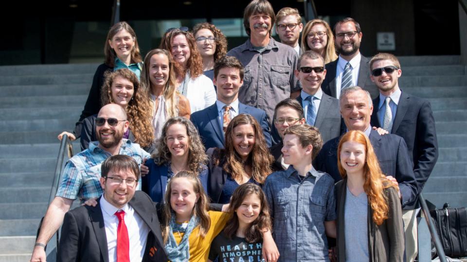 Youth plaintiffs, attorneys, and staff from Our Children's Trust at the federal courthouse in Eugene after a hearing in the Juliana v. United States climate change lawsuit in June.Robin Loznak via ZUMA Wire