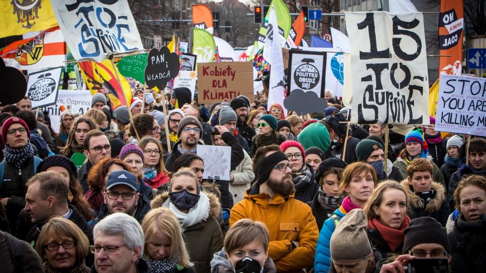 Protesters on Sunday in Katowice, which is hosting the UN climate conference. Photograph: Sadak Souici/Le Pictorium/Barcroft Images