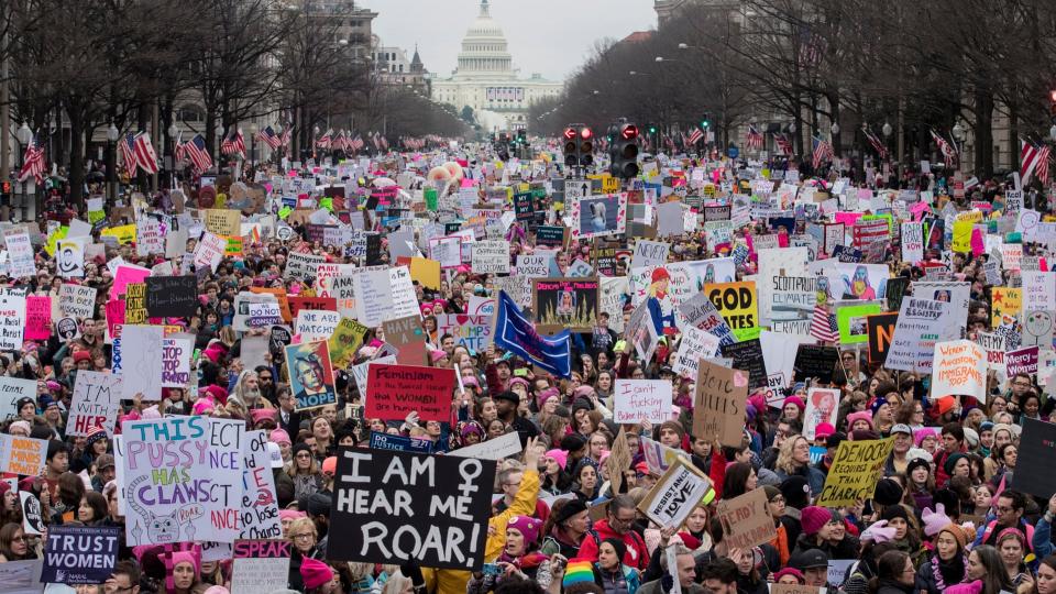 Thousands participate in the Women’s March and rally to protest Donald Trump the day after his inauguration on 21 January 2017. Photograph: Michael Reynolds/EPA