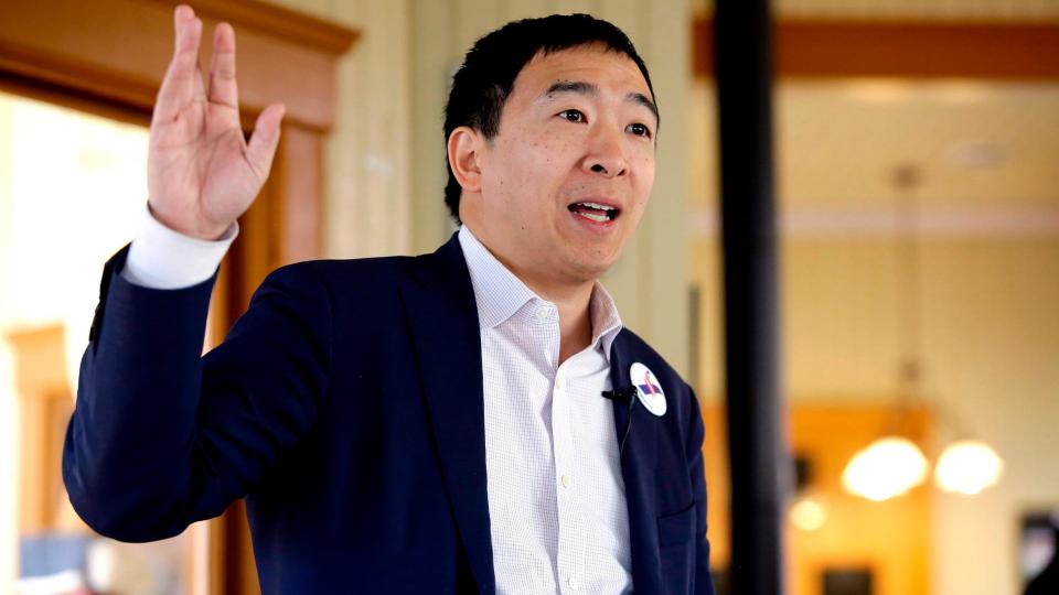 Andrew Yang speaks during a campaign stop in Jefferson, Iowa on 1 February. Photograph: Joshua Lott/AFP/Getty Images