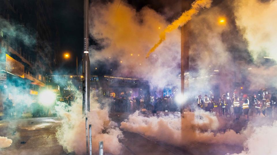 Hong Kong police fire teargas during an anti-extradition bill march in Hong Kong on Sunday. Photograph: Billy HC Kwok/Getty Images