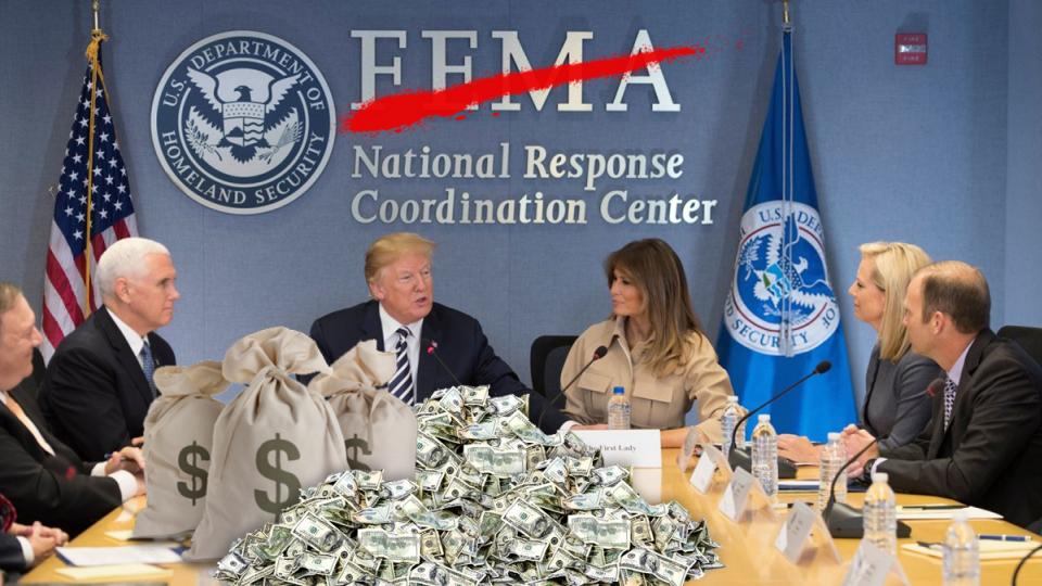 President Trump, Vice President Pence and first lady Melania Trump visit the Federal Emergency Management Agency headquarters in Washington, D.C., on June 6. Secretary of Homeland Security Kirstjen Nielsen and FEMA Administrator Brock Long are seated at r