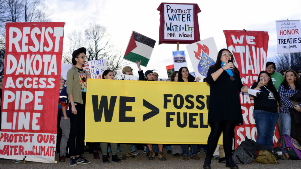 Climate justice activists protest the Dakota Access pipeline outside the White House in February 2017. (Flickr / Stephen Melkisethian)