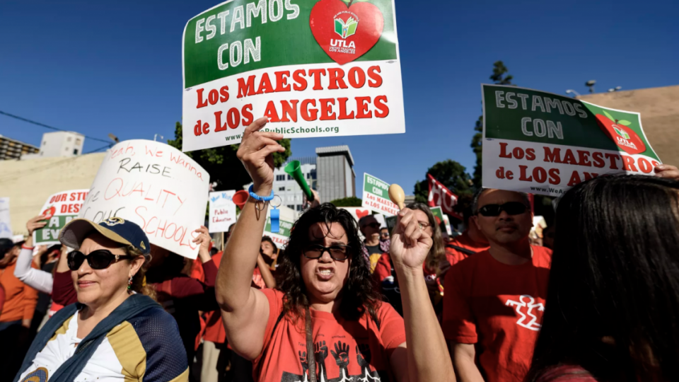 Teachers and supporters of public education march against education funding cuts during the March for Public Education in Los Angeles, California on December 15, 2018.  Ronen Tivony/NurPhoto via Getty Images