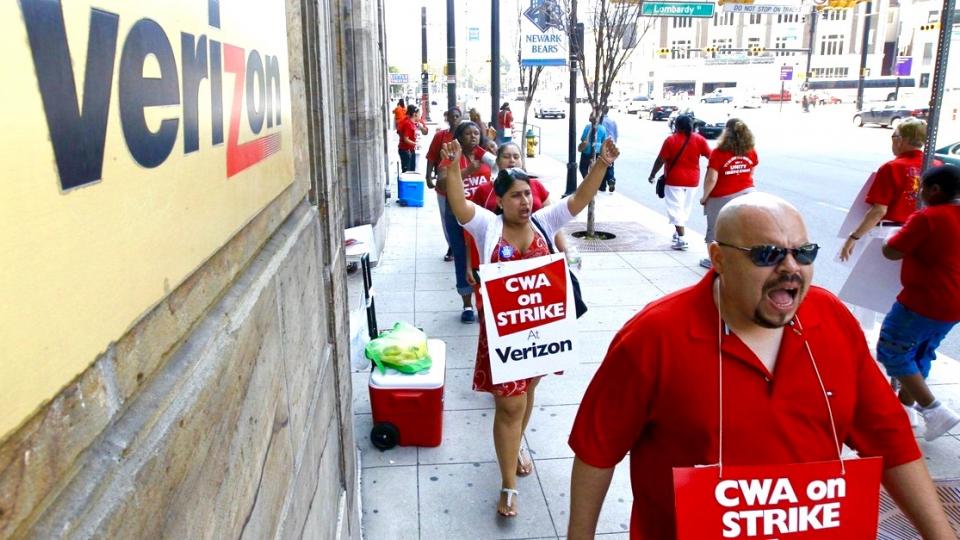 Verizon strikes, outsourced jobs, low wage economy, telecom giants, corporate profits