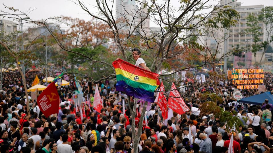 People gather during a demonstration against Brazil’s presidential candidate Jair Bolsonaro. Photograph: Nacho Doce/Reuters